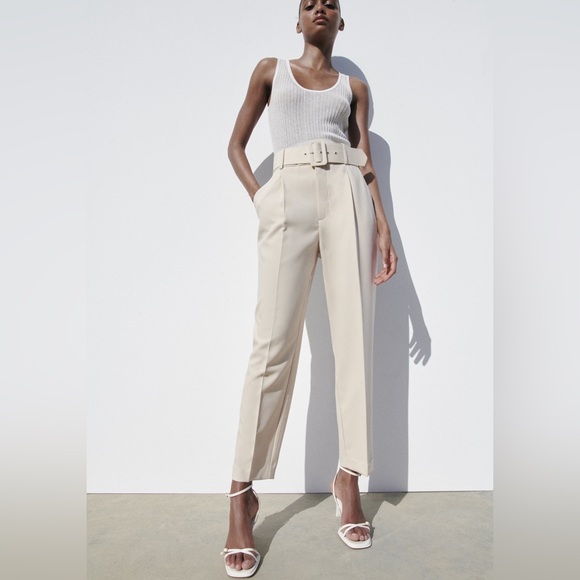 Zara ecru high waisted belted fabric pants blogger favorite - Picture 6 of 12